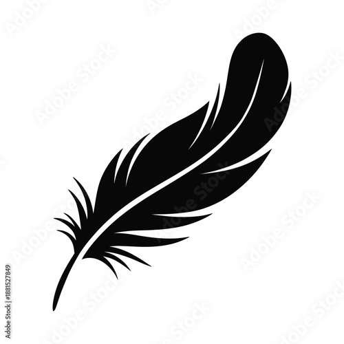 Silhouette of a single black feather on white background
