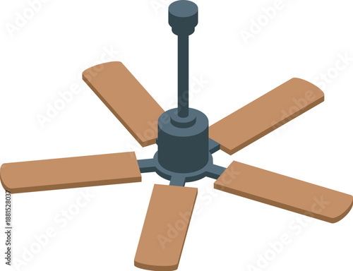 Isometric ceiling fan blades spinning, generating airflow for ventilation