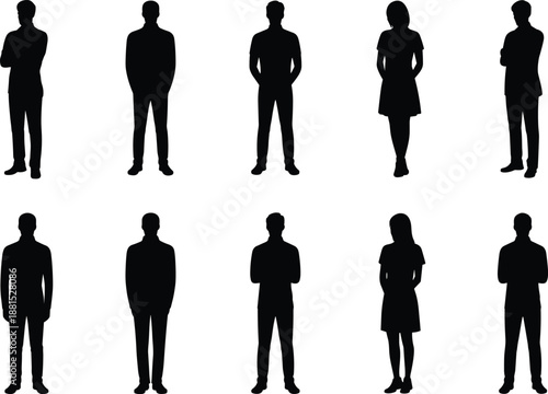 Standing silhouette vector, diverse human poses, male female figures, black icon set, casual posture, people graphic, anonymity concept