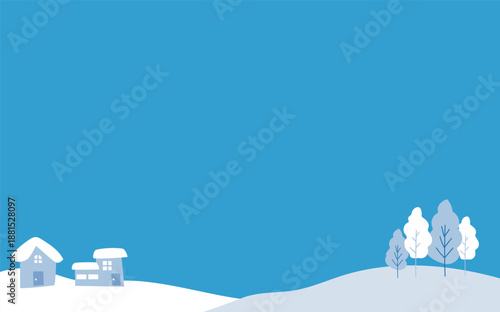 ゆるかわいい冬の積雪と家の青空背景イラスト素材