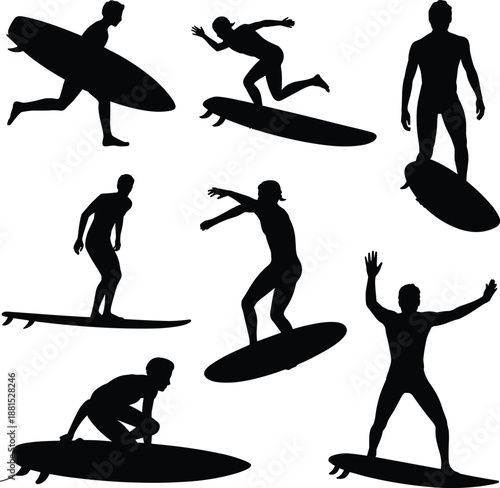 Surfer silhouette icon set, black surfing vector, beach sport clipart, wave rider graphic, ocean athlete illustration elements