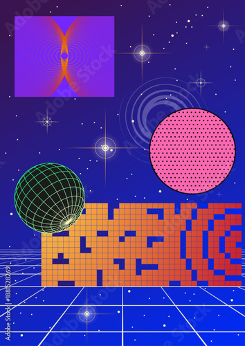 1980s Posters Style Illustration. Retro Party Placards Background, 1980s Colors and Shapes, Vintage Graphic Design 