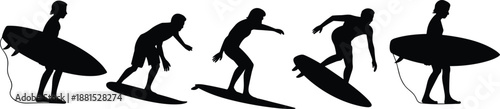Surfing, silhouette, surfboard, wave, action, sport, beach, movement, posture, sequence, black, vector, ocean, ride, maneuver, stance, water, athlete, dynamic, icons
