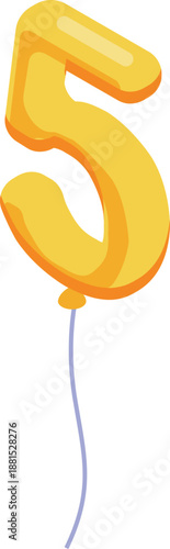 Golden balloon in the shape of number five floating with a ribbon, ideal for fifth birthday or anniversary celebrations