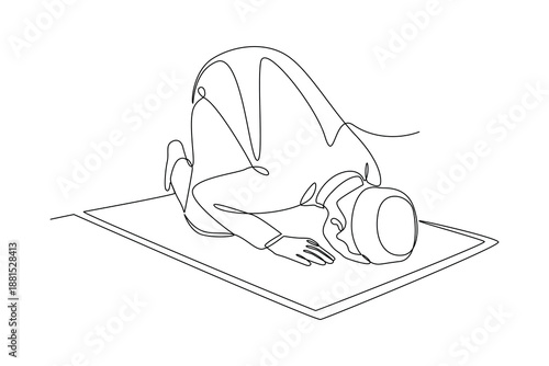 Sujud During Prayer. Activity in Ramdhan Concept. Single line draw design. Vector graphic illustration