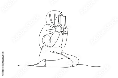 Woman Holding Quran. Activity in Ramdhan Concept. Single line draw design. Vector graphic illustration
