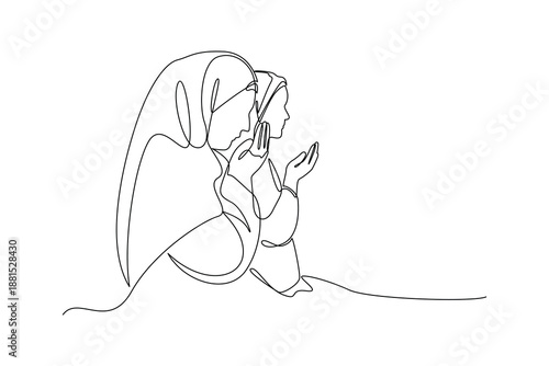 Woman Making Dua Prayer. Activity in Ramdhan Concept. Single line draw design. Vector graphic illustration