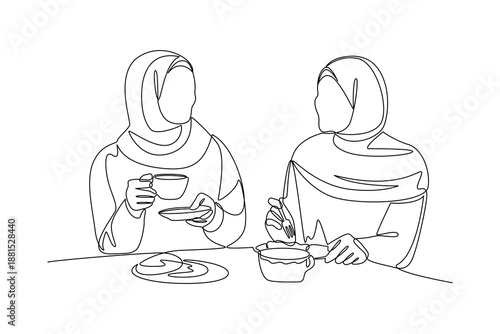 Women Sharing Iftar Meal. Activity in Ramdhan Concept. Single line draw design. Vector graphic illustration