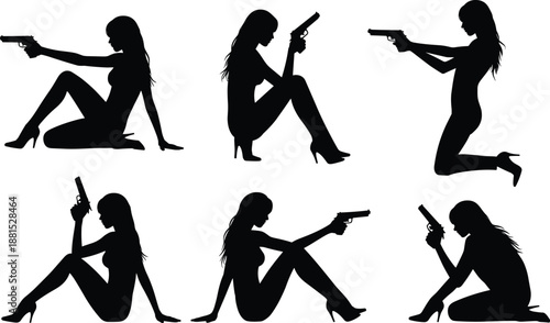 Female gun silhouette set armed women poses black vector icons isolated white background action crime illustration design concept collection stock