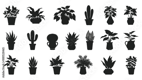 Collection of eighteen black silhouettes of various houseplants in different styles of decorative pots on a white background.