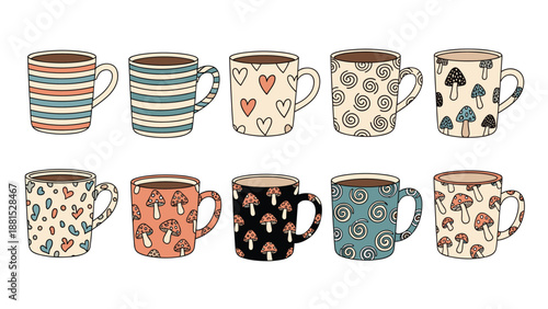 Set of ten stylish ceramic mugs featuring colorful retro patterns including stripes, hearts, swirls, and mushroom designs.