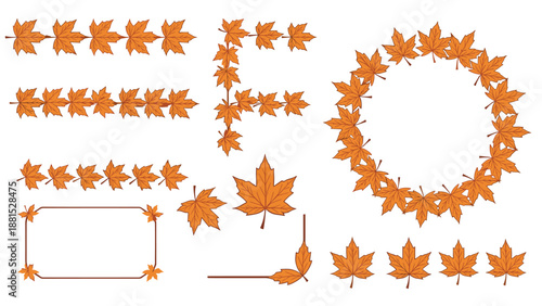 Autumn themed design set featuring frames, wreaths, and alphabetical letter shapes made of vibrant orange maple leaves.