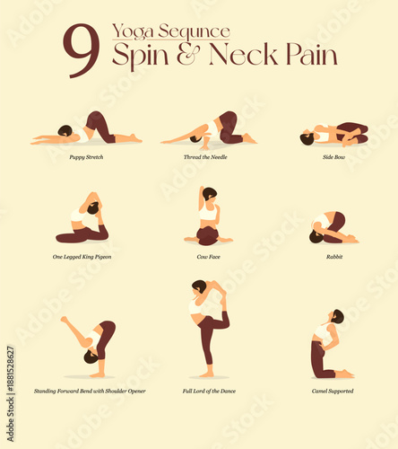 9 Yoga poses or asana posture for workout in spin and neck concept. Women exercising for body stretching. Fitness infographic. Flat cartoon vector.