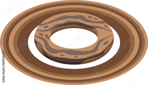 Wooden ring rotating around a planet with multiple rings, illustrating the concept of orbital motion and space exploration