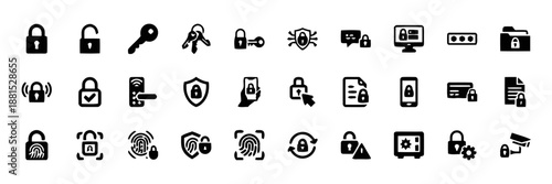 Security and protection black glyph icons set