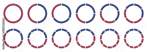 Segmented circle charts and progress loading ring icons in red and blue
