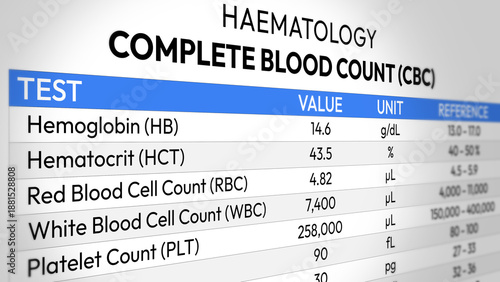 Obraz na plátne CBC Test Report, Complete Blood Count, Haematology, Medical Science, Hemoglobin Levels, White Cell Count, Platelet Evaluation and Health Screening