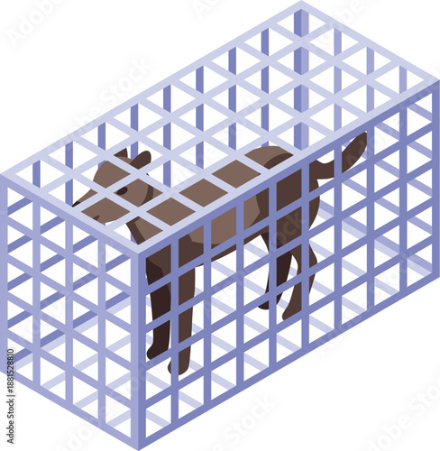 Isometric view of a wild dog standing in a metal cage, representing the concept of animal abuse