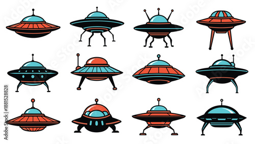 Set of various colorful cartoon unidentified flying objects with different shapes, domes, and landing gear designs for sci-fi art.