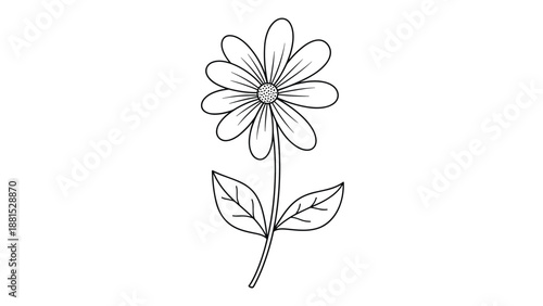 Simple black and white line drawing of a single daisy flower with a long stem and two leaves on a clean white background.