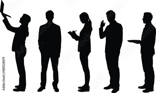 Business, people, silhouettes, teamwork, communication, technology, office, professionals, working, standing, corporate, activities, leadership, collaboration, modern, workplace