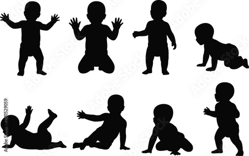 Set of baby silhouettes showing various growth stages and milestones like crawling, sitting, standing, and playing isolated on white background.