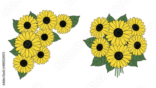 Two different arrangements of bright yellow sunflowers with green leaves featuring a corner border and a floral bouquet.