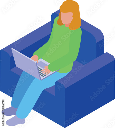 Young woman working from home, sitting comfortably on an armchair while using her laptop