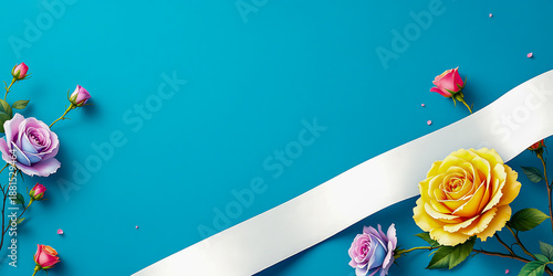 Elegant Rose Ribbon Blue Background