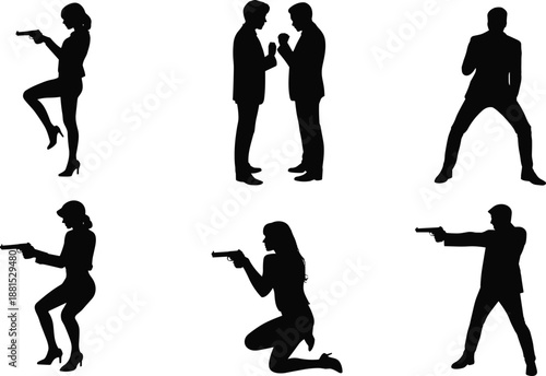 Action spy silhouette set isolated on white background men women aiming handguns crime thriller vector illustration cinematic security danger concept