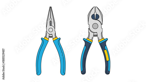 Two types of mechanical hand tools including long nose pliers and combination pliers with blue and yellow handles for diy.