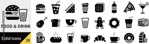 Set of food and drink related solid icons isolated on white background