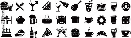 Set of food and drink related solid icons isolated on white background