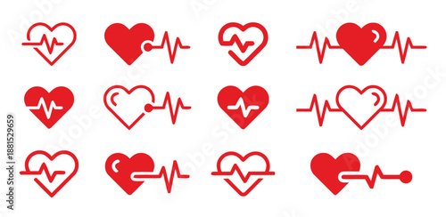 Set of heart pulse icons in red color isolated