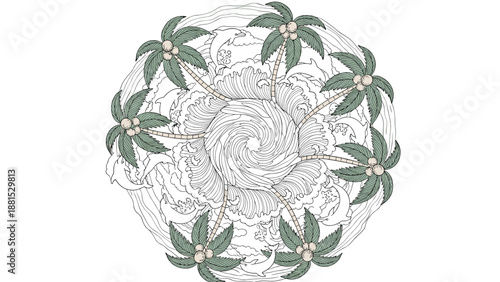 Circular mandala design featuring ocean waves and palm trees with coconuts in a vintage etched illustration style for summer theme.