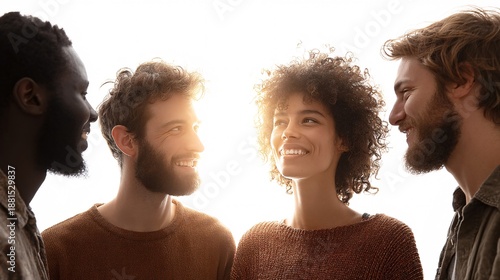 Joyful interaction among diverse friends in soft daylight background