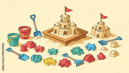 Large set of colorful plastic sand toys including buckets, shovels, rakes, molds, and sandcastles for beach play and summer fun.