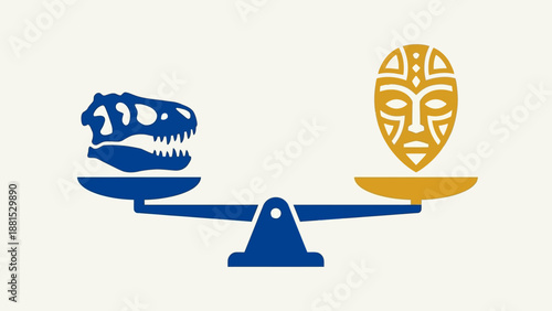 Balance Between Paleontology and Cultural Anthropology Illustration – Dinosaur Skull vs Tribal Mask on Scales Vector Art