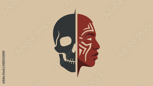 Human Duality Skull and Tribal Face Split Illustration – Half Skeleton Half Maori Tattoo Cultural Contrast Vector Art