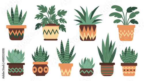 Ten distinct stylized cartoon houseplants and vibrant succulents displaying geometric patterned pots arranged creatively as an isolated vector illustration illustrating the concept of botany