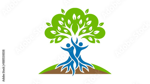Tree of Life Community Unity Illustration – People Raising Hands Forming Tree with Green Leaves and Blue Figures Symbolizing Growth Nature Harmony Vector Logo Art