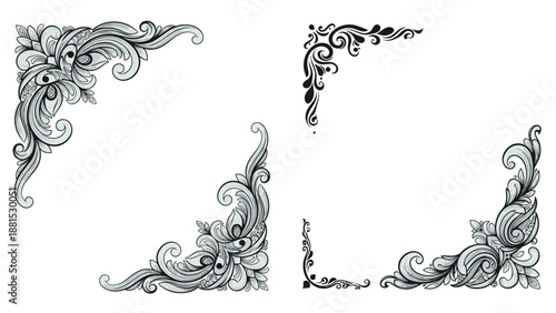 Set of ornate vintage corner borders with intricate scrollwork and floral details in a classic light blue and grey color palette.