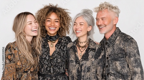 Joyful group of diverse friends laughing together against white backdrop