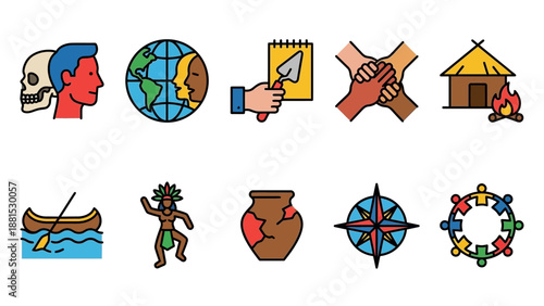 Anthropology Icons Set – Global Cultures Symbols Skull Map Artifacts Hut Boat Pottery Compass Circle Vector Illustration Collection