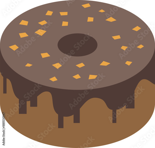 Isometric view of a tempting chocolate cake, covered in rich chocolate icing and adorned with sprinkles