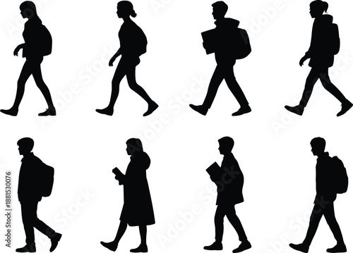 Walking silhouette vector, diverse human poses, black icon set, casual movement, backpack figure, posture graphic, people walking illustration