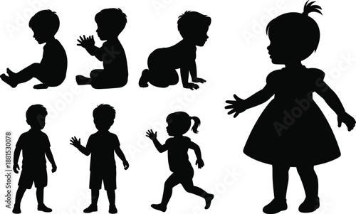 Black silhouette collection of cute toddlers and babies sitting crawling standing and walking isolated on white background for childhood growth concept