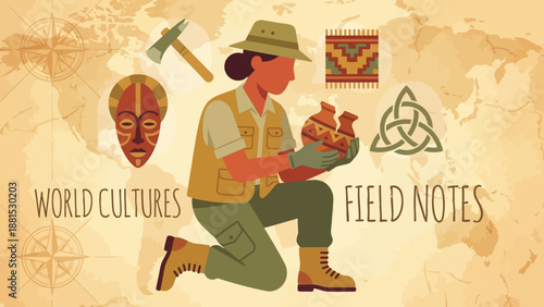 Anthropology Explorer Field Notes Illustration – Female Archaeologist with Hammer Mask Artifacts and Symbols on Vintage World Map Background Vector Art