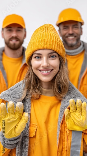Smiling construction workers in bright orange outfits and hats