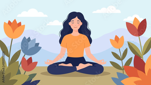 Peaceful Woman Meditating in Lotus Pose Among Colorful Flowers and Mountains – Mindfulness Yoga Relaxation Illustration Vector Art